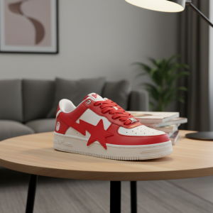 Bape Red White Low Top Star Leather Sneakers