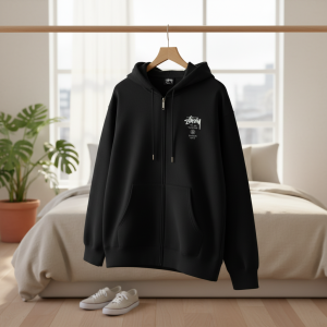 Stussy Oversized Black Hoodie Streetwear Pullover Jacket