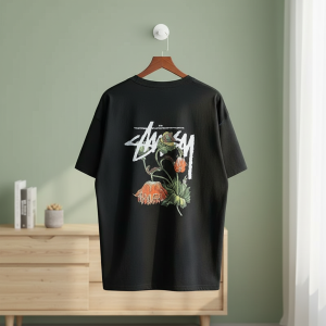 Stussy Black Floral Graphic Streetwear T-Shirt